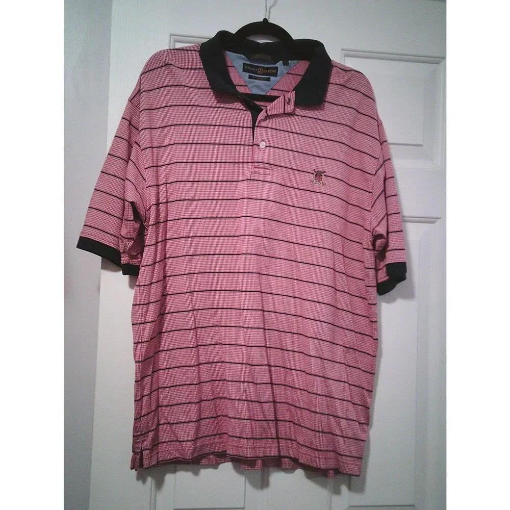 Tommy Hilfiger Classic Red, White & Blue Striped‎ Polo Shirt with Navy Collar
